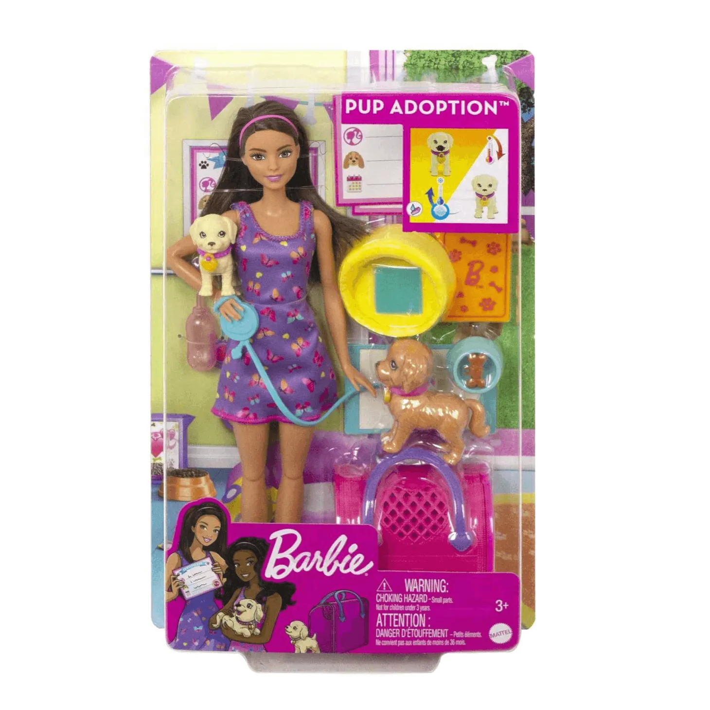Barbie Adopta perritos Muñeca con vestido morado perritos mascota y accesorios para cuidarles juguet