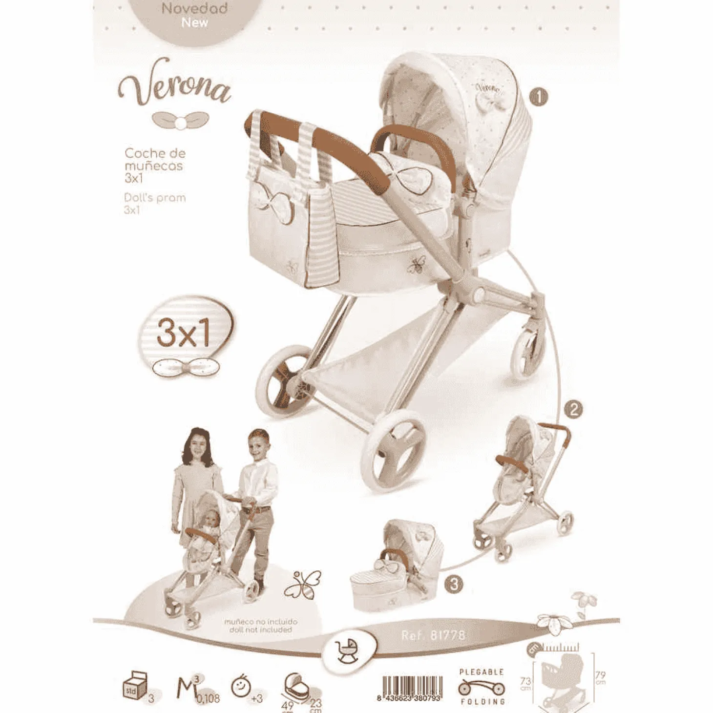 Coche de Muñecas 3x1 Plegable con Capazo y Silla