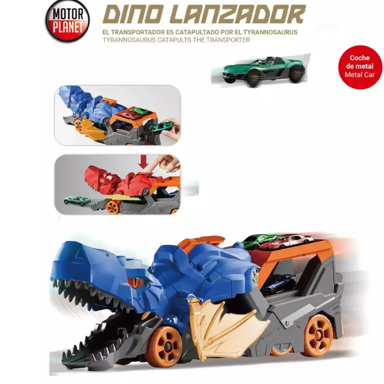 Dino Lanzador con Coche de Metal Surtido