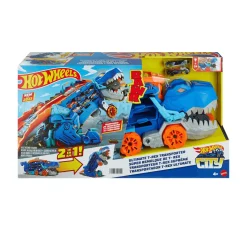 Hot Wheels City Camión tráiler Camión que se transforma en Tiranosaurio Rex pisoteador con pista de