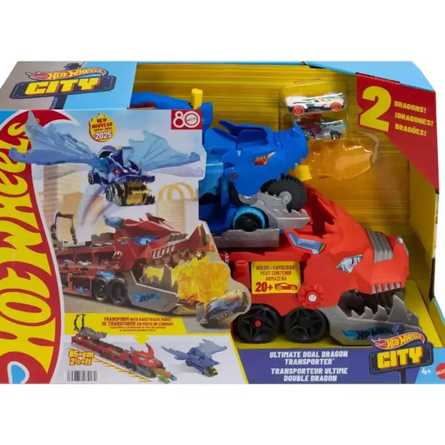 Hot Wheels Dragón Transportador con Ataque Doble – Pista transformable con 2 coches
