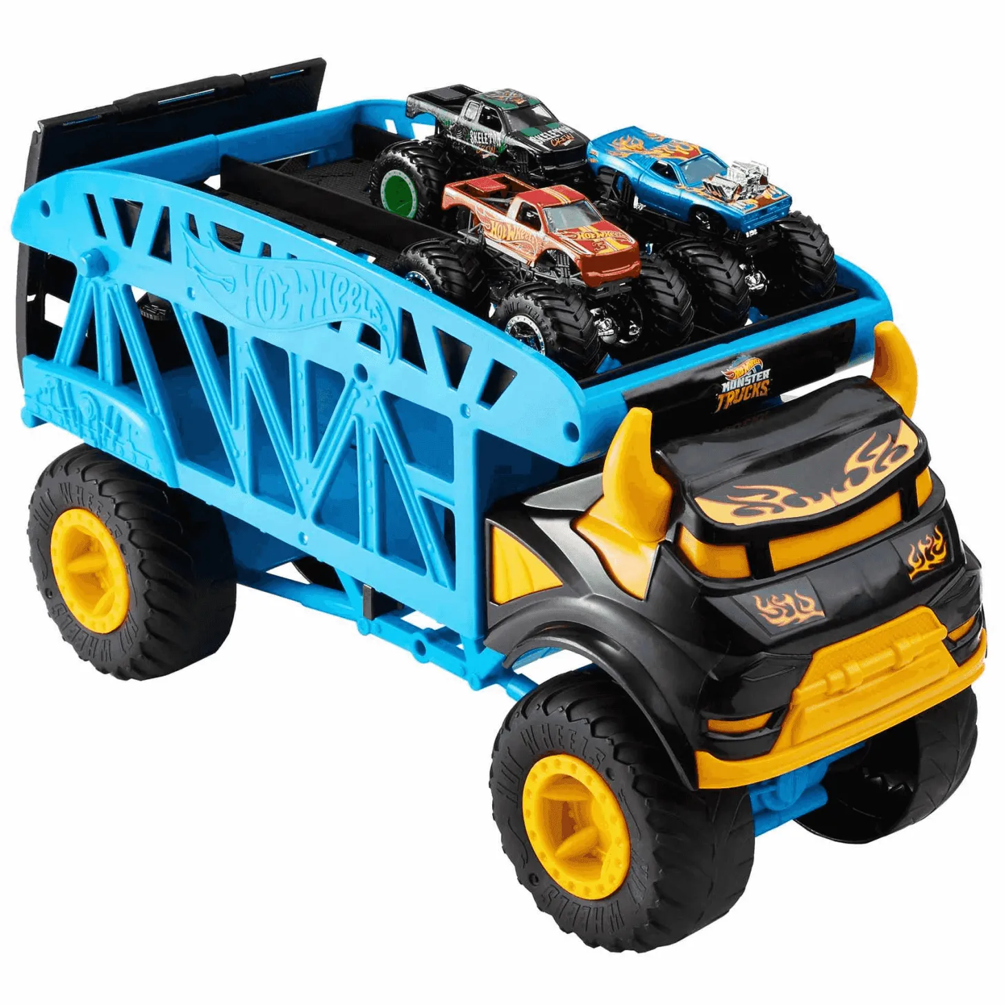 Hot Wheels Monster Trucks Camión Monster Mover Vehículo transportador de coches, incluye 3 coches de