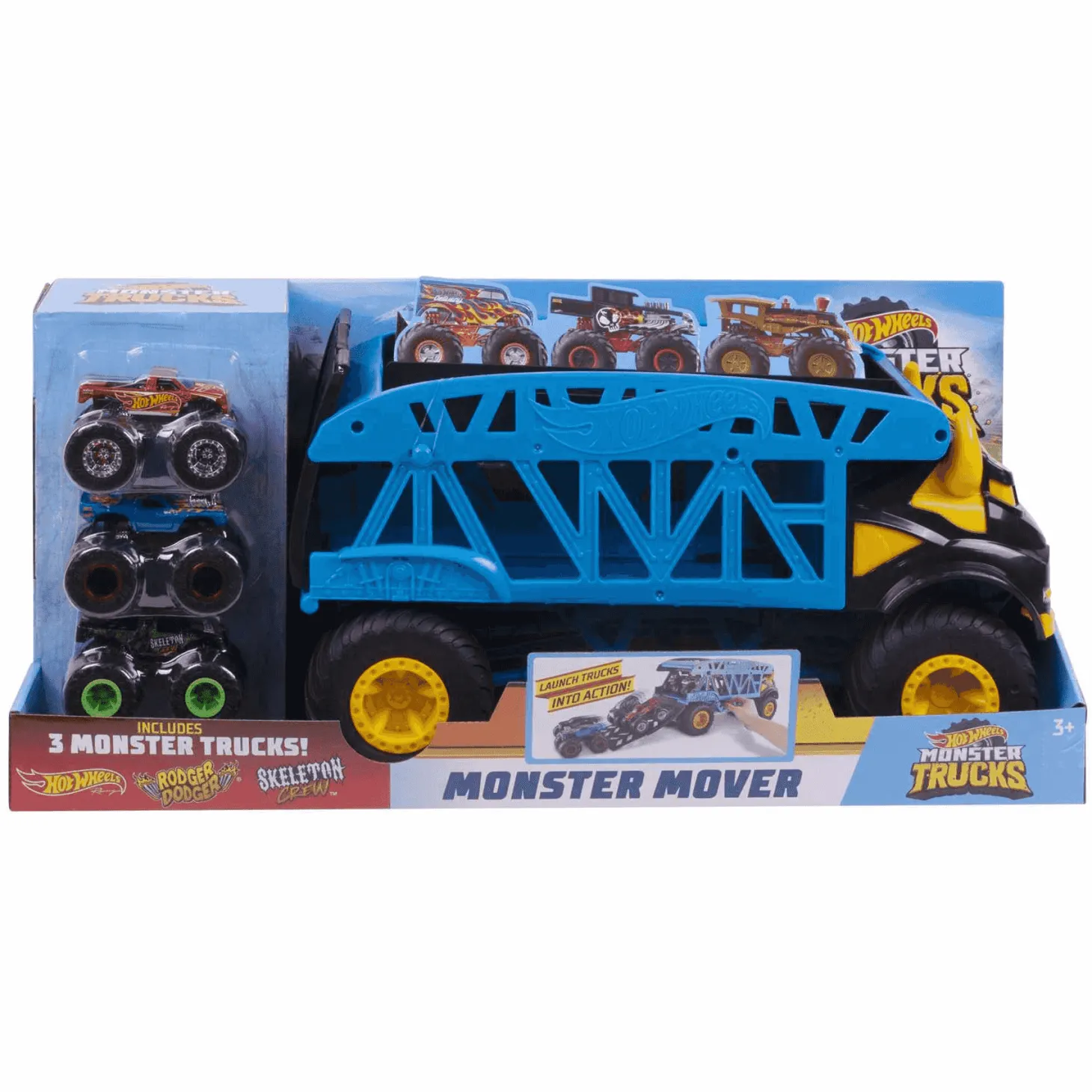 Hot Wheels Monster Trucks Camión Monster Mover Vehículo transportador de coches, incluye 3 coches de