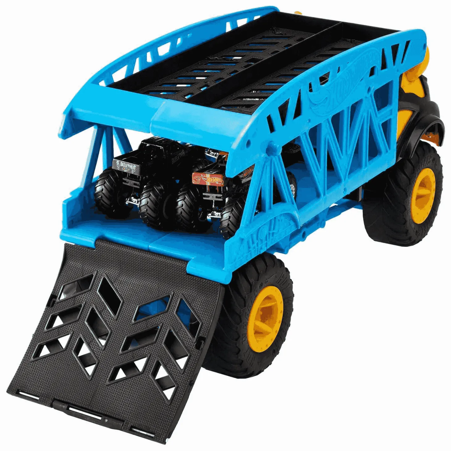 Hot Wheels Monster Trucks Camión Monster Mover Vehículo transportador de coches, incluye 3 coches de