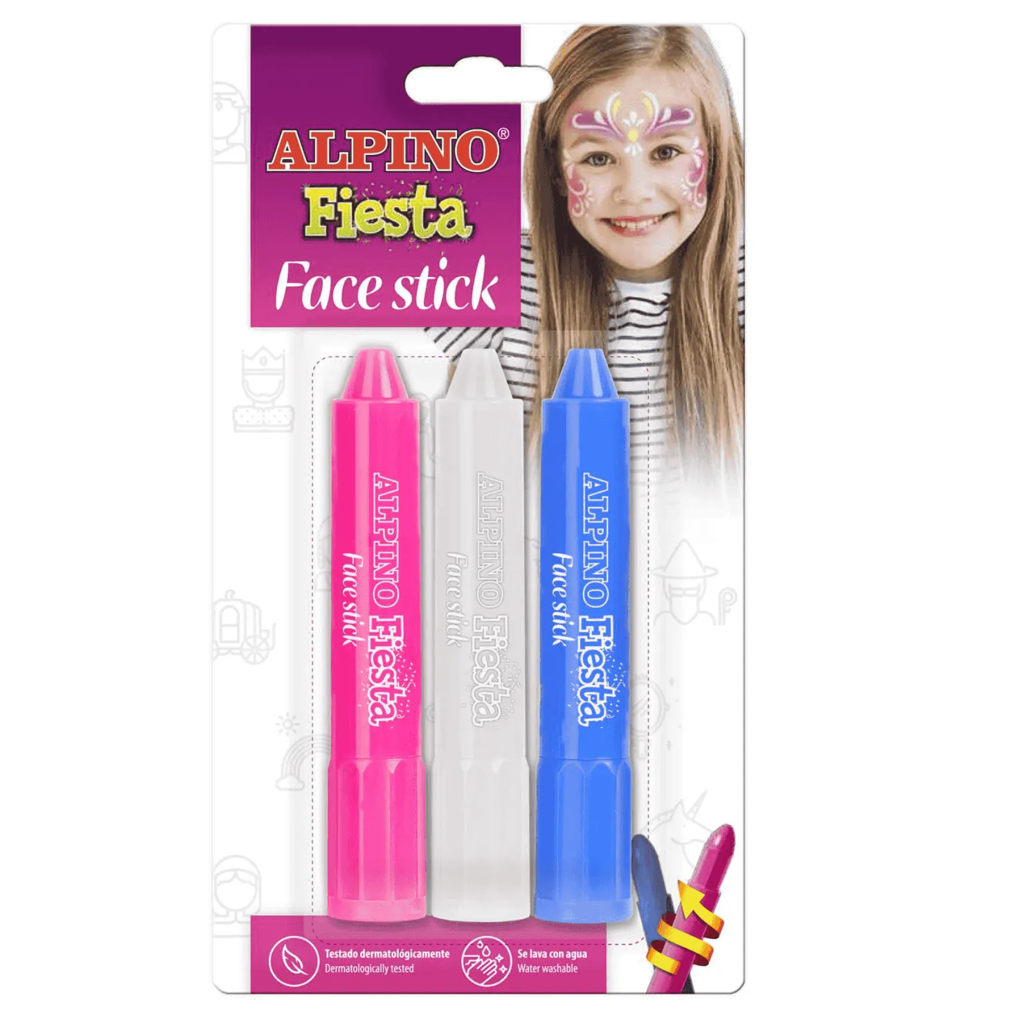 Maquillaje Alpino Face Stick. Blister 3 unidades Blanco Rosa y Azul