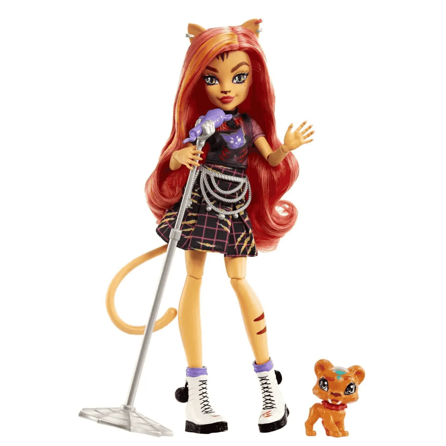Monster High Toralei Stripe Muñeca articulada con mascota, micrófono y accesorios de moda, juguete +