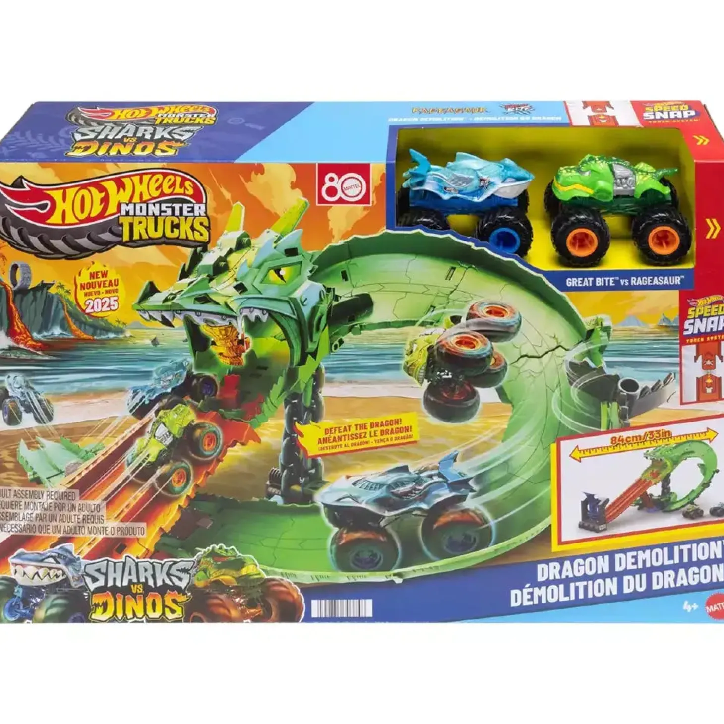 Monster Trucks Sharks vs. Dinos – Destrucción del Dragón con 2 camiones a escala 1:64