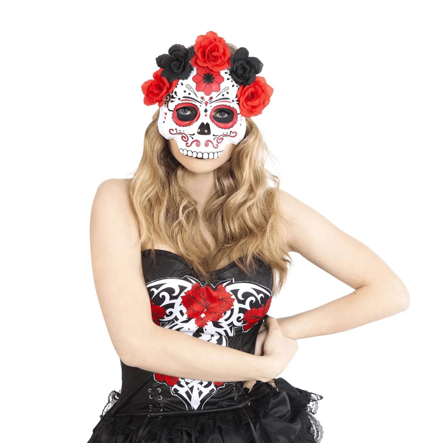 Máscara Katrina con Flores Rojas y Negras Complemento Disfraz