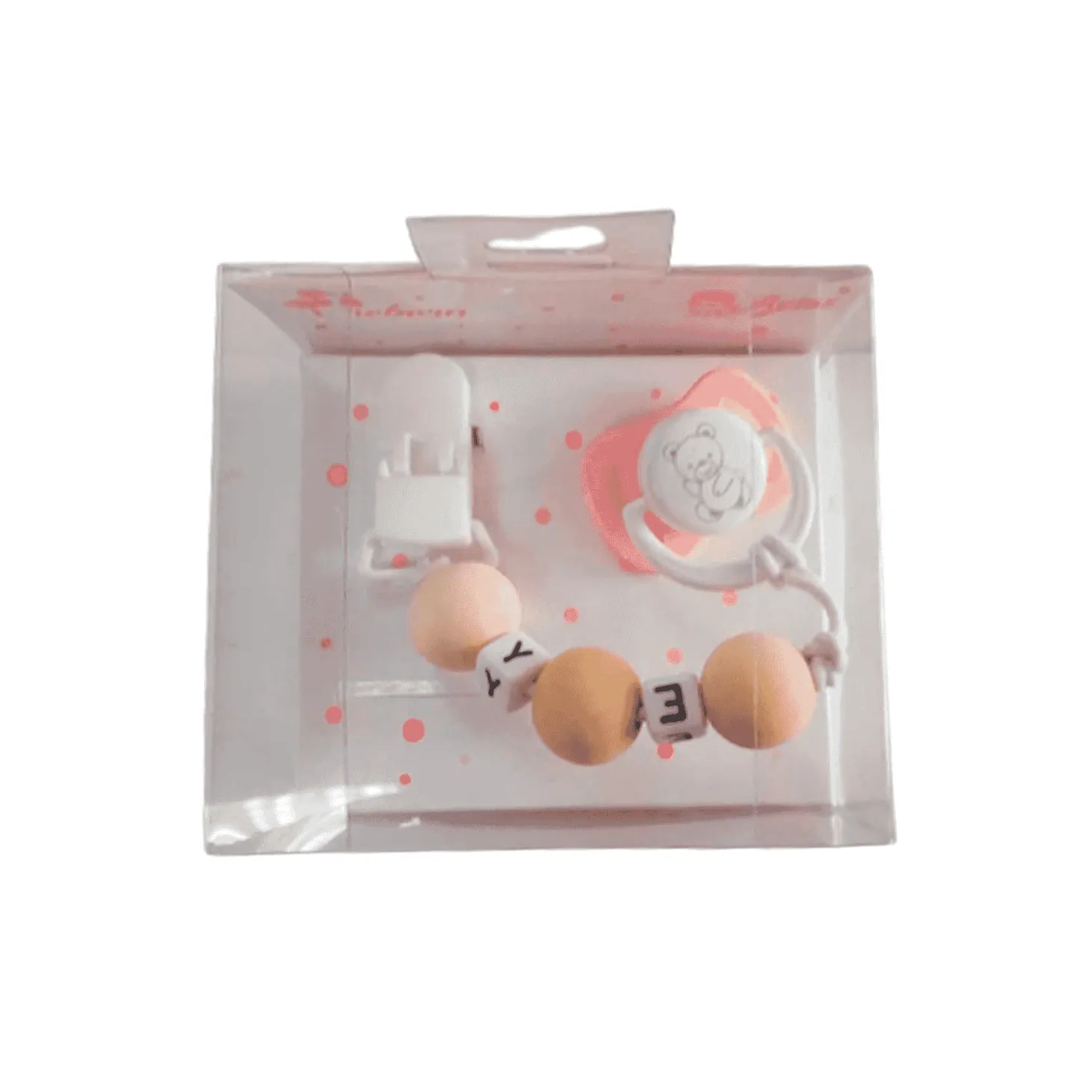 Muñecas Arias Set Chupete Rosa Blanco con Cadena Madera y Pinza