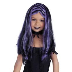 Peluca Brujita Negra con Mechas Lilas ¡Perfecta para Completar tu Disfraz Infantil de Halloween!