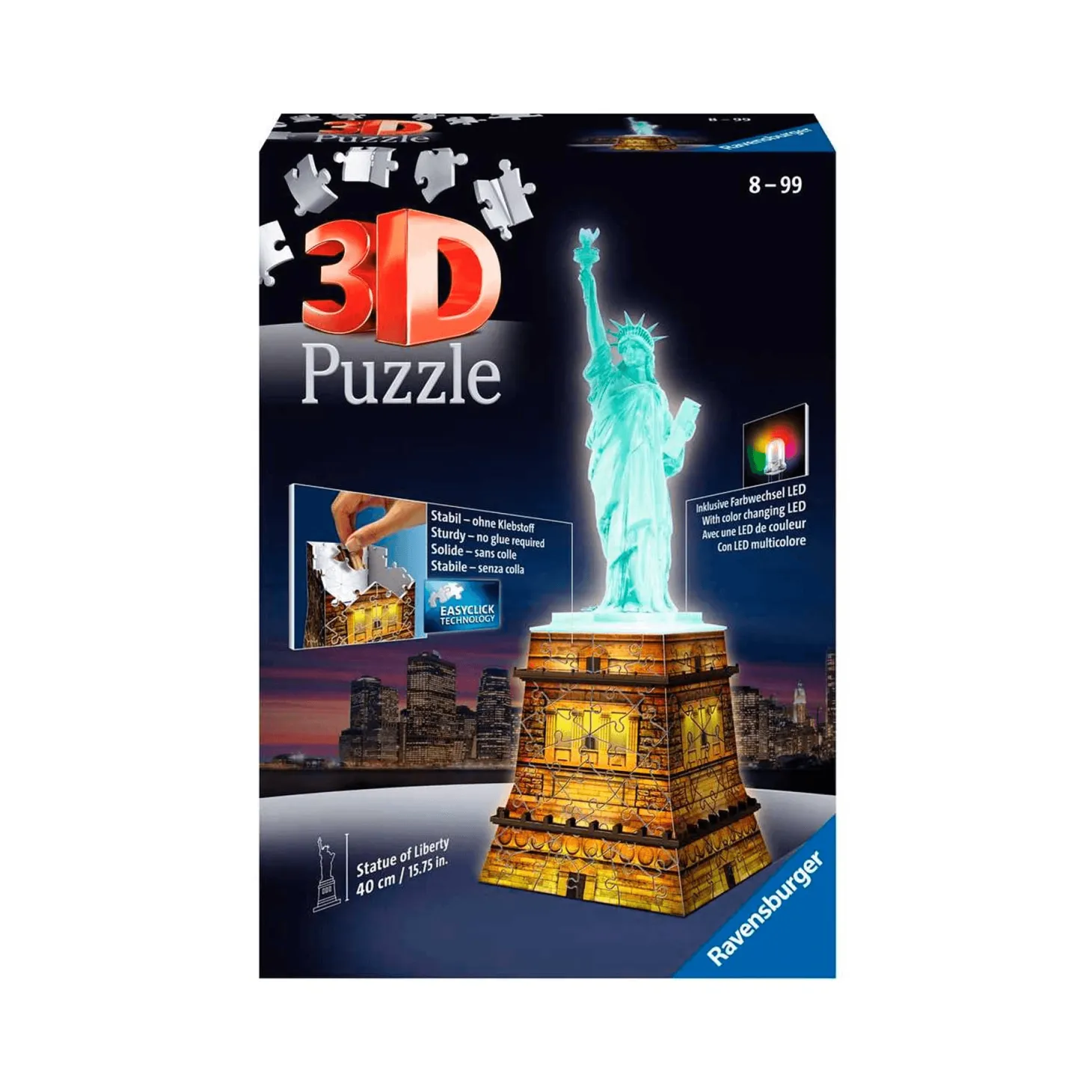 Ravensburger 3D Puzzle Estadua de la Liberdad Night Edition con Luces, 108 Piezas, 8+ Años