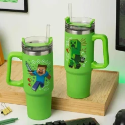 Vaso Térmico Minecraft Verde 900ml con Tapa Multiusos y Pajita