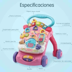 VTech Andador Andandín 2 en 1 rosa, Correpasillos con patas plegables, panel extraíble y regulador