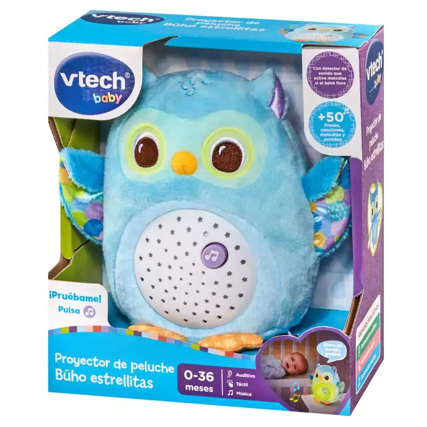 VTech Proyector de peluche Búho estrellitas, Luz nocturna, Música y sonidos relajantes para calmar